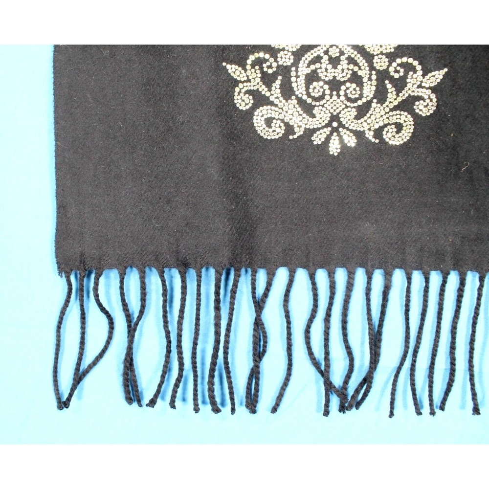 Made In Scotland CASHMERE Black FLORAL RHINESTONE DESIGN Fringe Trim SCARF - Picture 3 of 5
